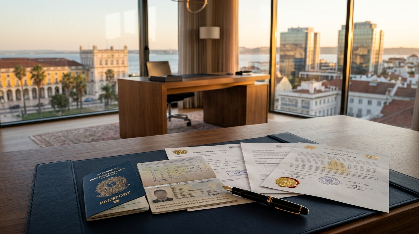 Passaporte brasileiro, certidões e vistos internacionais sobre mesa de planejamento migratório