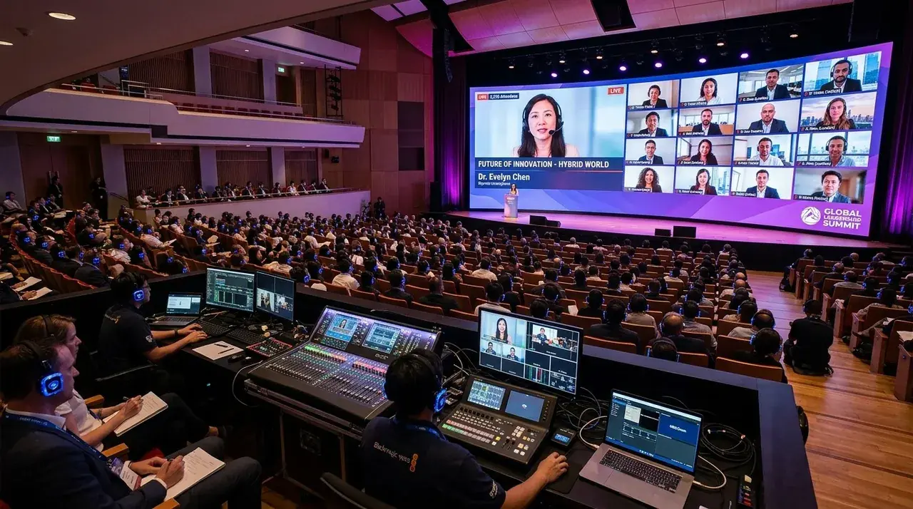 Eventos híbridos com integração entre plateia presencial e participantes no Zoom e Teams