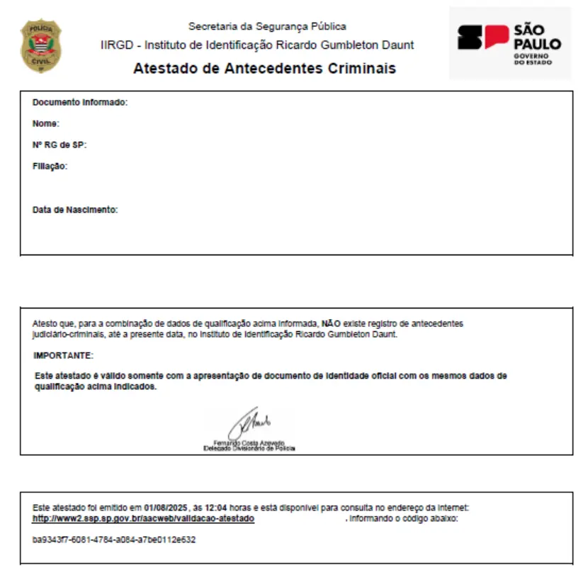 Tradução Juramentada Antecedentes Criminais Inglês